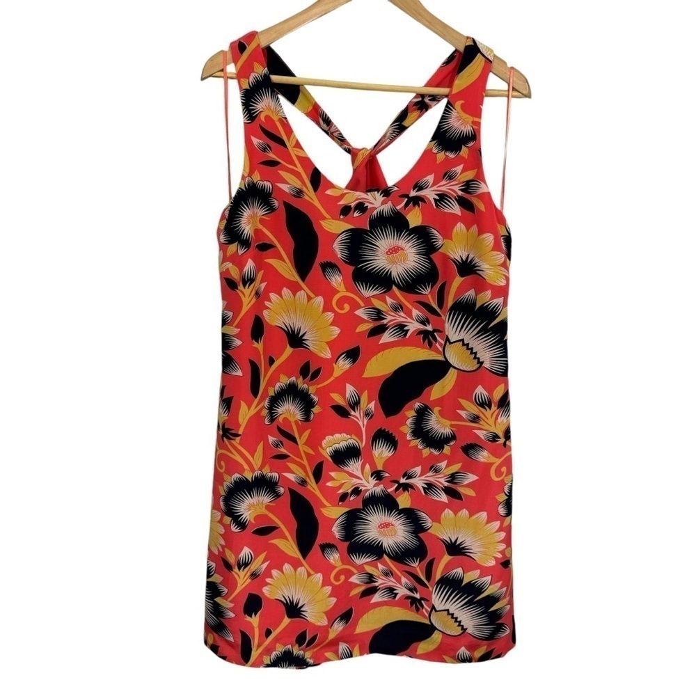 J Crew 100% Silk Floral Dress Sz 10 Orange Navy Tropical Print Halter Short EUC